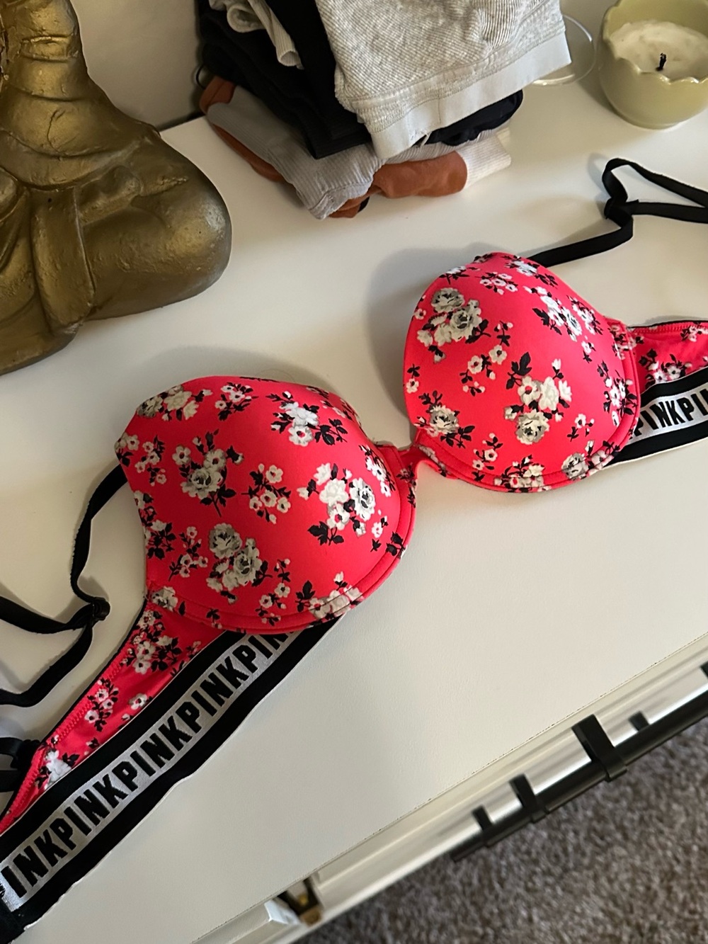 PINK Victoria's Secret Bright Pink Floral Push-Up Bra with Branded Band